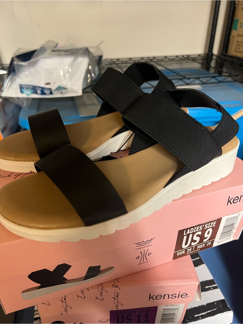 Kensie Black Elastic Strap White Platform Sandals